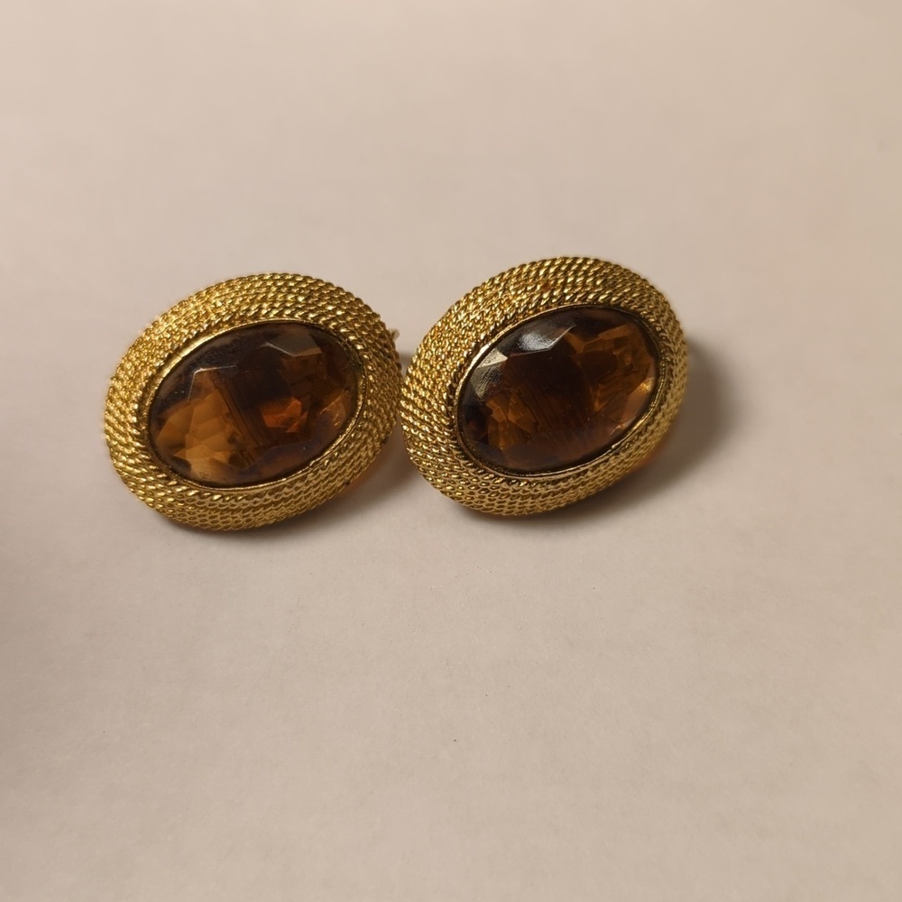 🤎 Emmons Earrings vintage oval amber brown glass bead gold tone rope edge clasp